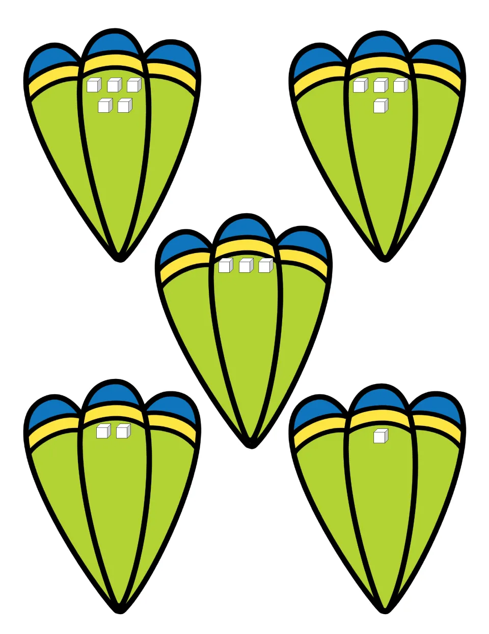 Counting 1 to 5: feather cards with 1, 2, 3, 4 and 5 cubes; students count small sets and match each to its number
