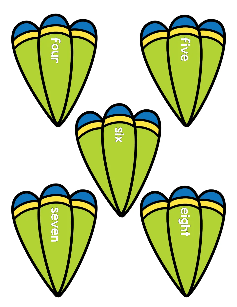Number words four to eight printed on five feather cards for students to read and pair with the matching cube count