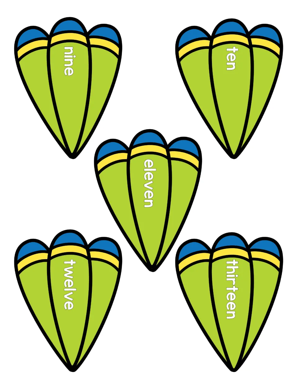 Number words nine to thirteen on feather cards; students read each word and match it to the same quantity of cubes