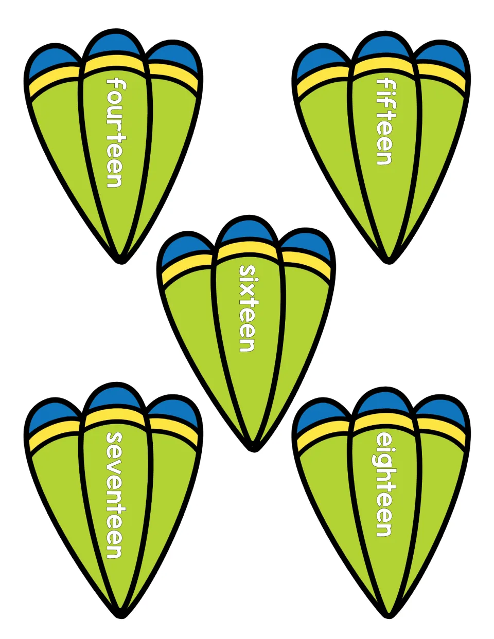 Number words fourteen to eighteen on feather cards for students to read and match to the cube cards for each teen number