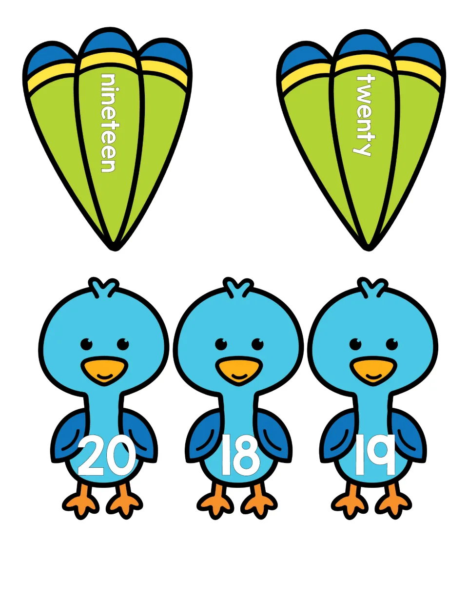 Feather cards for nineteen and twenty, plus blue bird cards numbered 20, 18 and 19 for matching numerals to words and sets