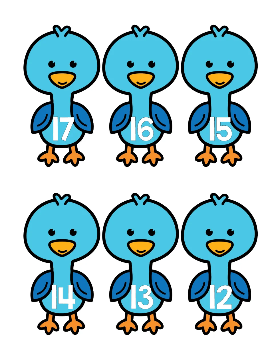 Numeral cards 12 to 17: six blue bird cut-outs, each with a number for students to match with its word and cube feathers
