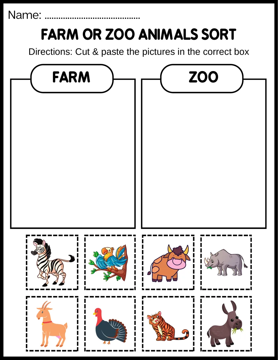 Animal sorting sheet 1: classify zebra, parrot, cow, rhino, goat, turkey, tiger, and donkey as farm or zoo.