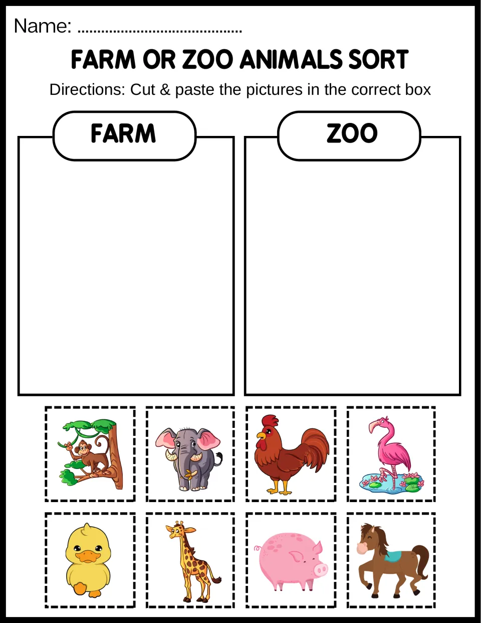 Animal sorting sheet 2: cut and paste monkey, elephant, rooster, flamingo, duckling, giraffe, pig, and horse.