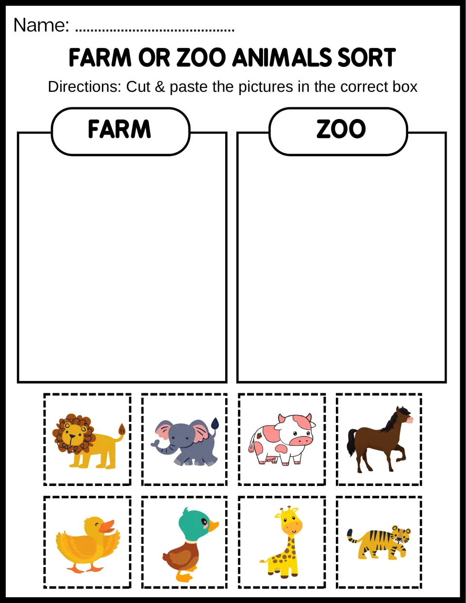 Animal sorting sheet 3: classify lion, elephant, cow, horse, two ducks, giraffe, and tiger as farm or zoo.