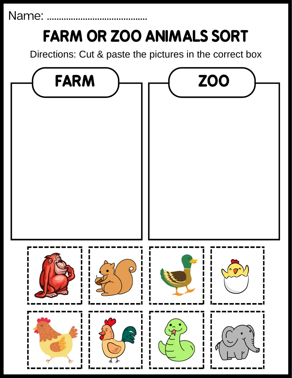 Animal sorting sheet 4: cut and paste orangutan, squirrel, duck, hatching chick, hen, rooster, snake, and elephant.