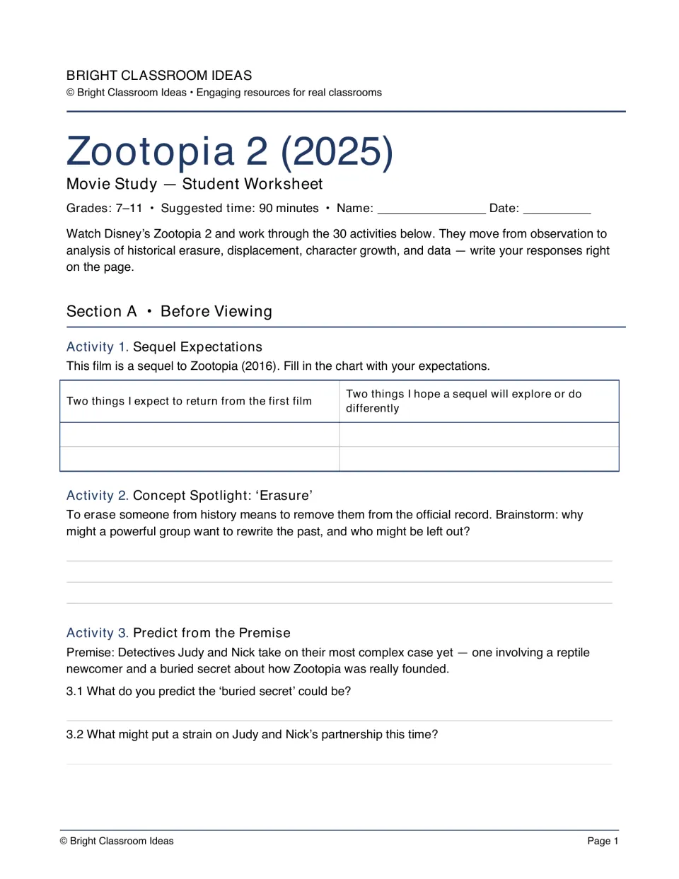 Zootopia 2 movie study worksheet, Section A: students list sequel expectations, define erasure and predict the plot