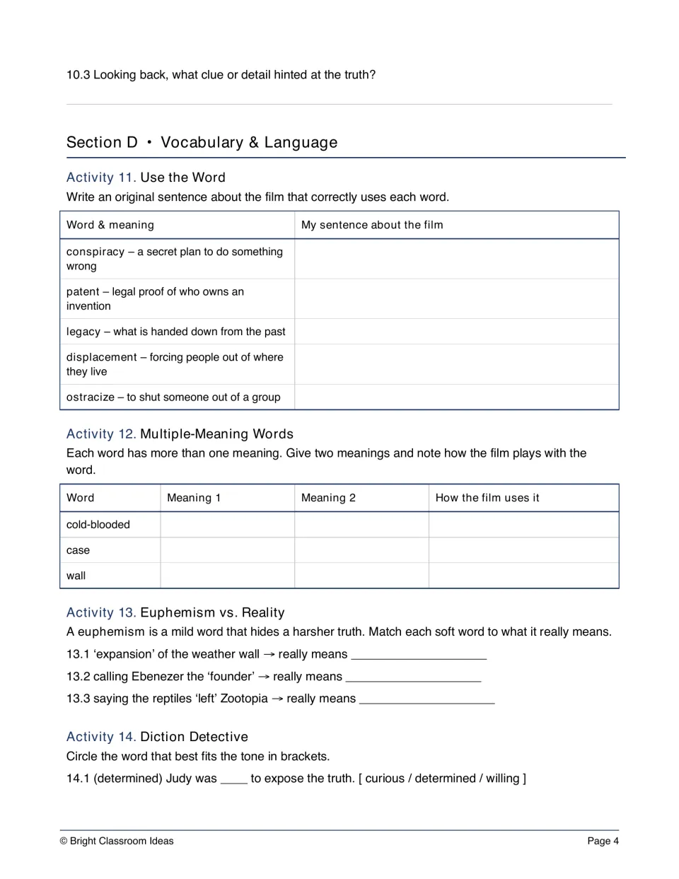 Vocabulary and language: using conspiracy, patent and legacy in sentences, multiple-meaning words, euphemisms, tone