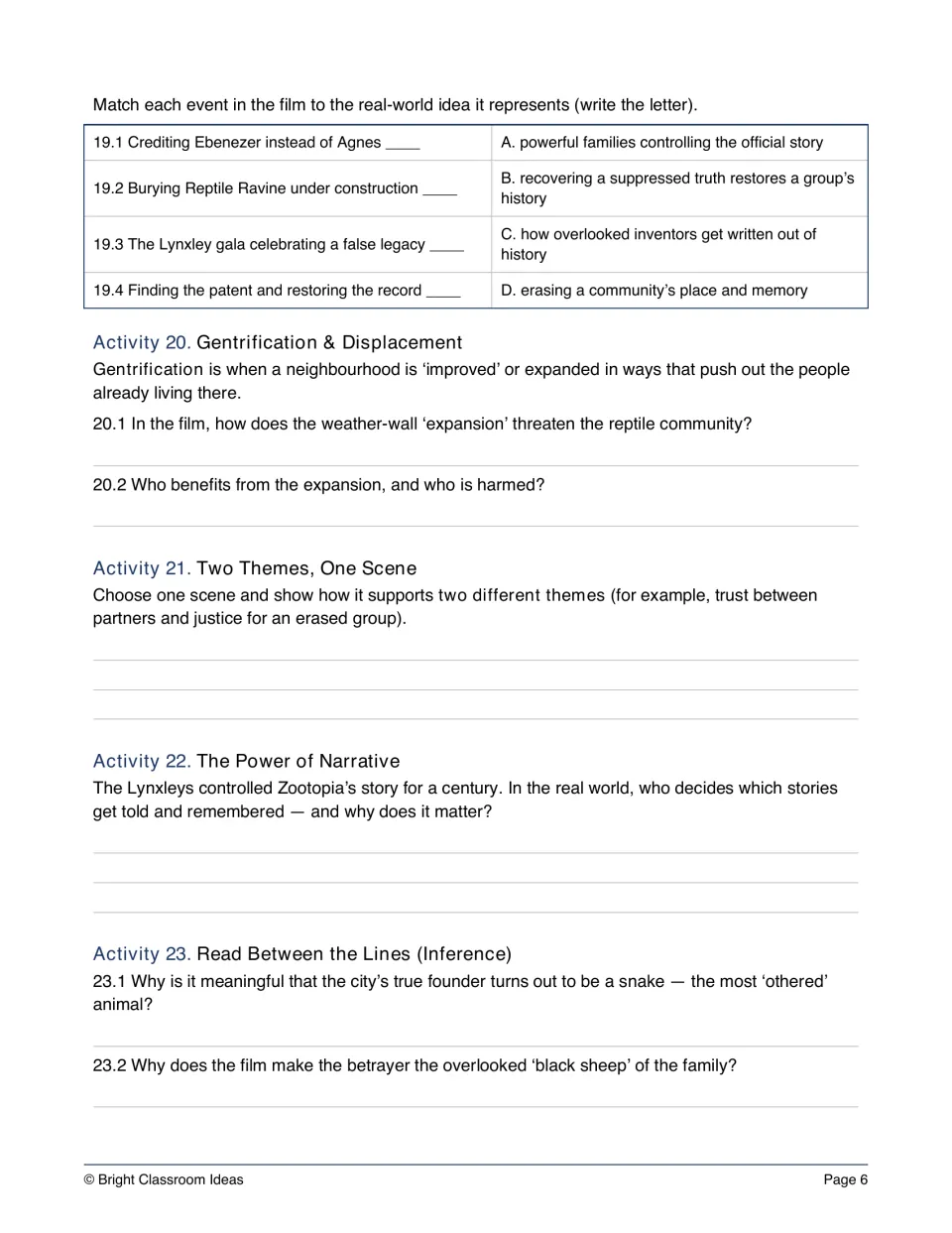 Theme and history: matching film events to real-world ideas, then displacement, narrative and inference questions