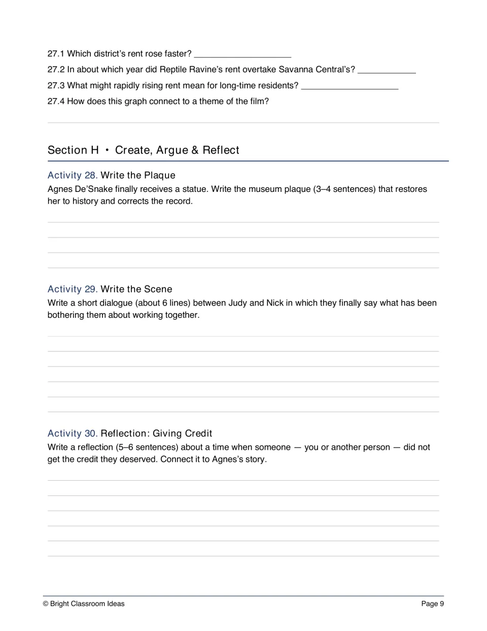 Rent graph questions, then creative writing: a museum plaque for Agnes De'Snake, a Judy and Nick dialogue, a reflection