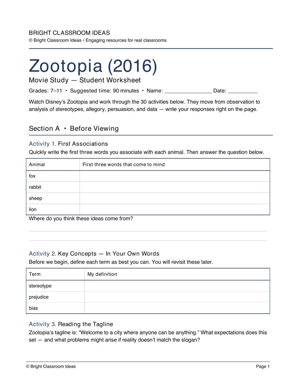 Movie study opening activities: animal associations, definitions of stereotype, prejudice, and bias, and a tagline