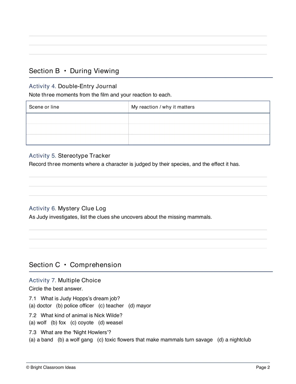 Movie study activities 4–7: double-entry journal, stereotype tracker, mystery clue log, and comprehension questions