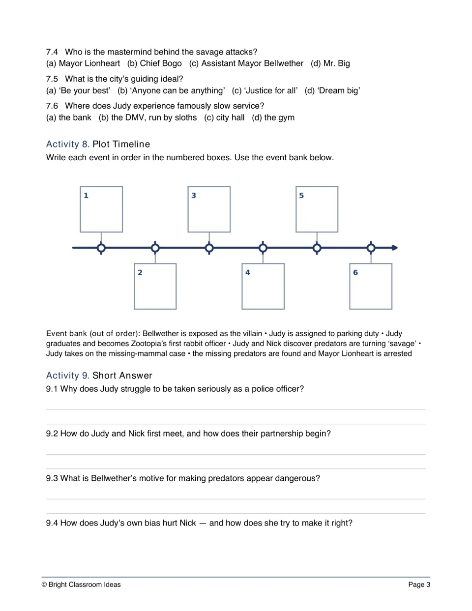 Movie study comprehension continues with multiple choice, a six-event plot timeline, and Judy and Nick questions