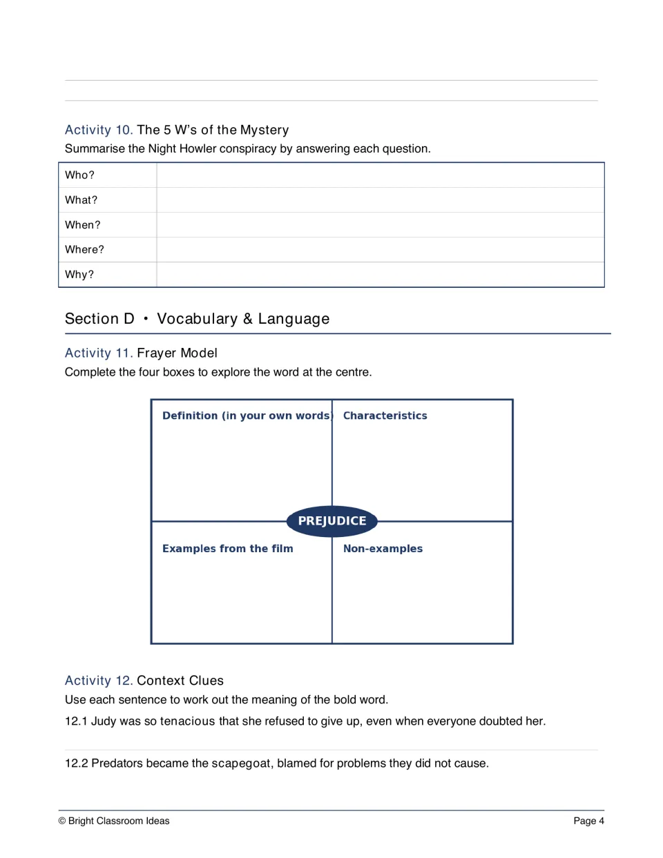 Movie study activities 10–12: the mystery's five W's, a prejudice Frayer model, and vocabulary context clues