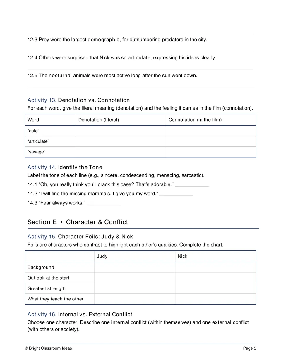 Movie study activities 12–16: context clues, connotation, tone, Judy and Nick as foils, and types of conflict