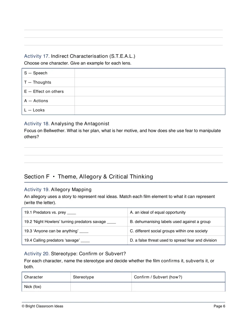 Movie study activities 17–20: S.T.E.A.L. characterization, Bellwether's motives, allegory, and Nick's stereotype