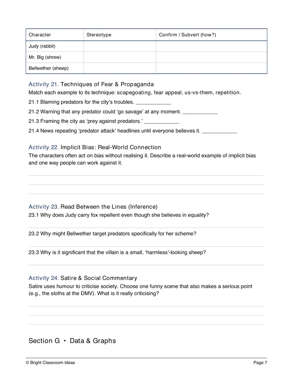 Movie study activities 20–24: character stereotypes, fear and propaganda, implicit bias, inference, and satire
