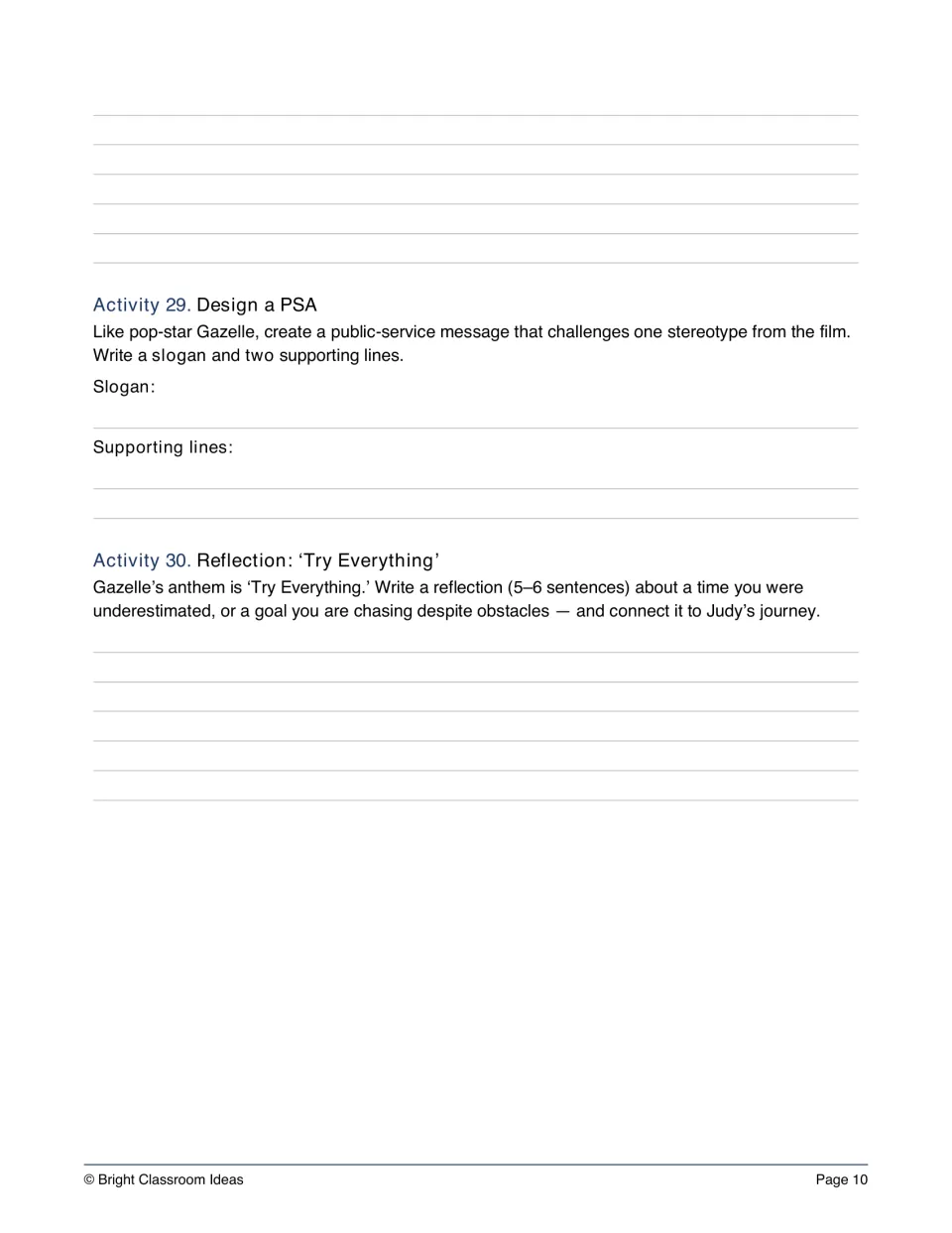 Movie study final activities: create a PSA challenging a stereotype and connect a personal goal to Judy's journey